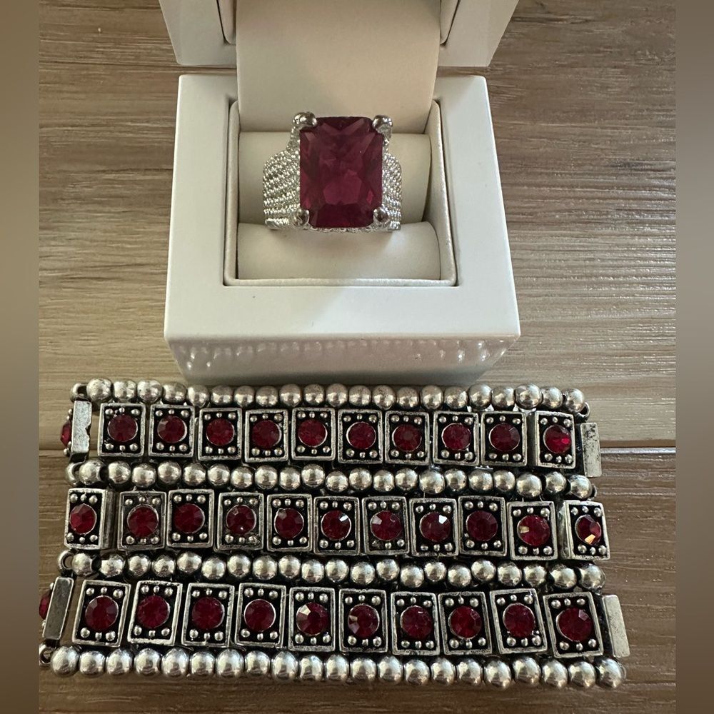 VTG Red Crystal Cocktail Ring w/ VTG Bracelet